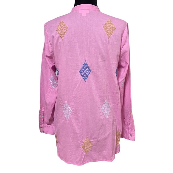 J Jill Pink Embroidered Tunic Top Small Cotton Art To Wear Button Front Blouse - Picture 5 of 8